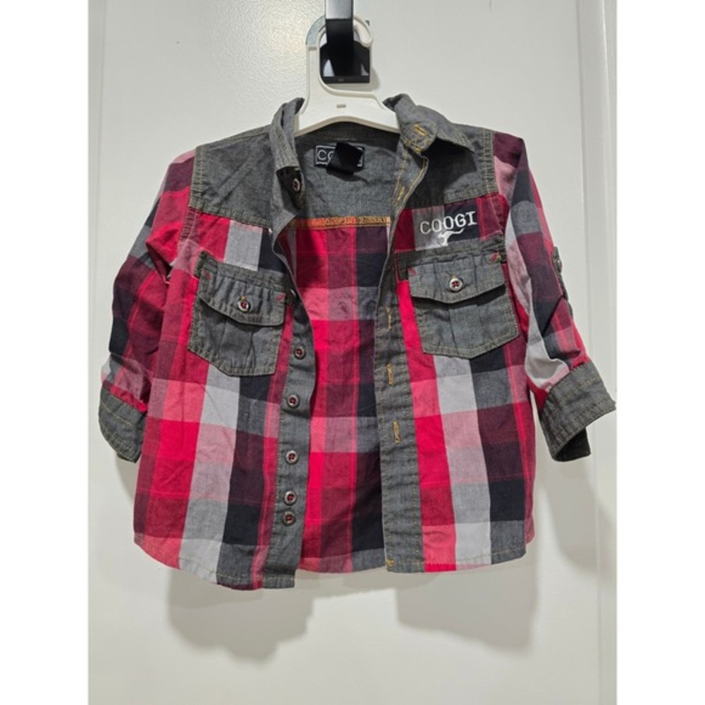 COOGI Kids 2T Plaid Button Up Shirt Gray Denim‎ Accents Graphic Back Toddler